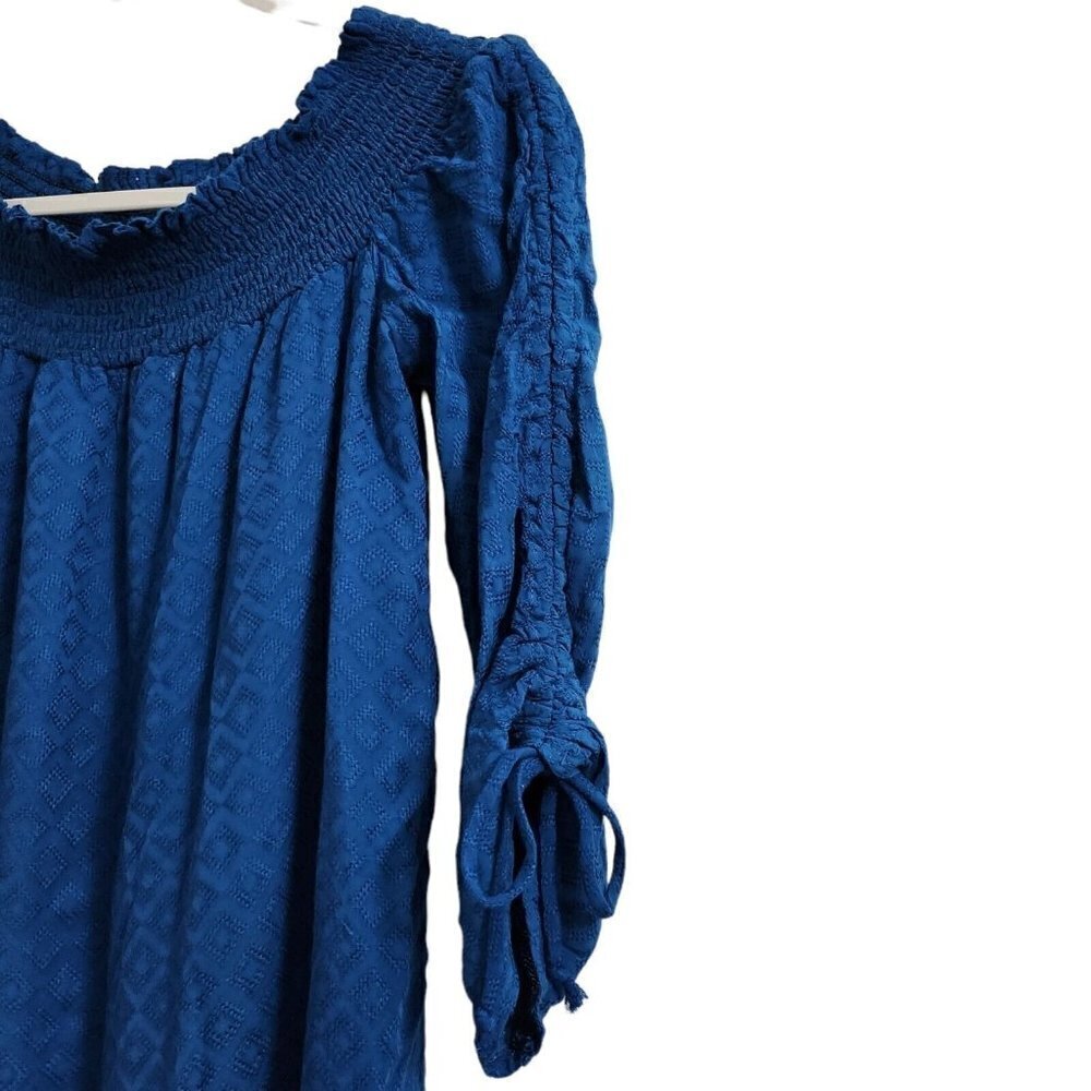Anthropologie Amadi Mini Robe Dress Small Petite Blue SP Off The Shoulder Ruched - Picture 4 of 11